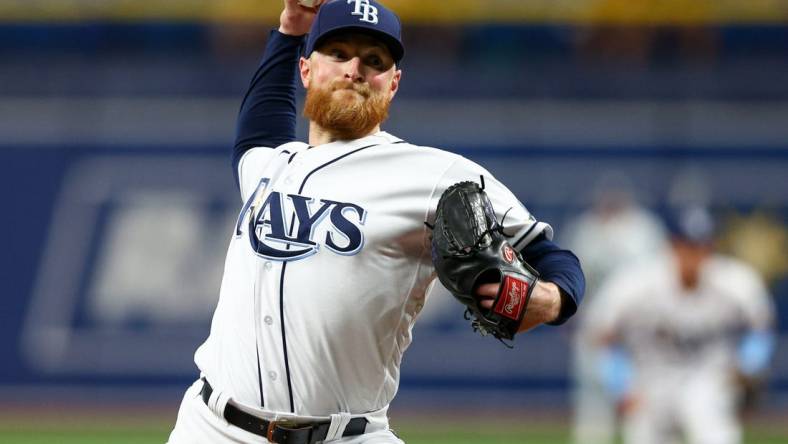 Jul 14, 2022; St. Petersburg, Florida, USA;  Tampa Bay Rays starting pitcher Drew Rasmussen (57) throws a pitch against the Boston Red Sox in the first inning at Tropicana Field. Mandatory Credit: Nathan Ray Seebeck-USA TODAY Sports