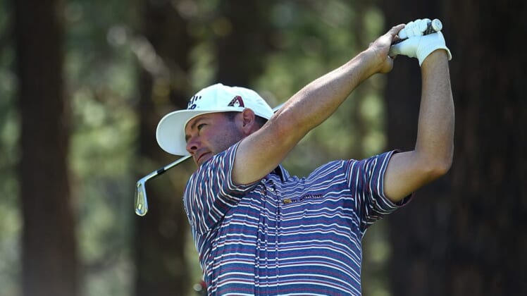Chez Reavie tees off on the third hole during Friday's round of the Barracuda Championship golf tournament at Old Greenwood in Truckee on July 15, 2022.Ren Barracuda Golf 2022 01