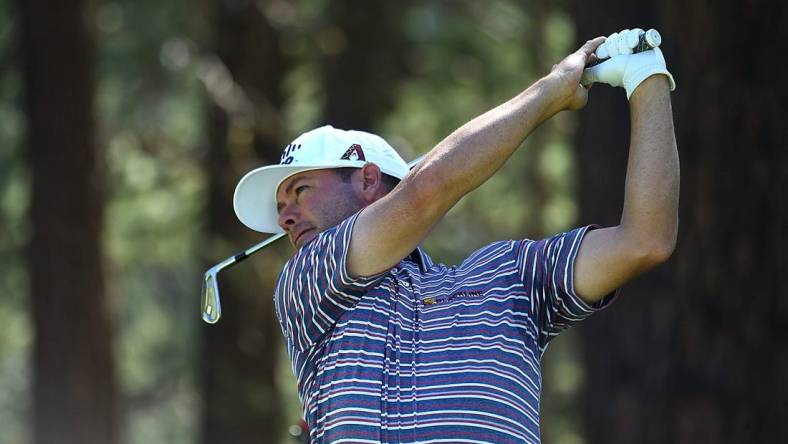 Chez Reavie tees off on the third hole during Friday's round of the Barracuda Championship golf tournament at Old Greenwood in Truckee on July 15, 2022.

Ren Barracuda Golf 2022 01