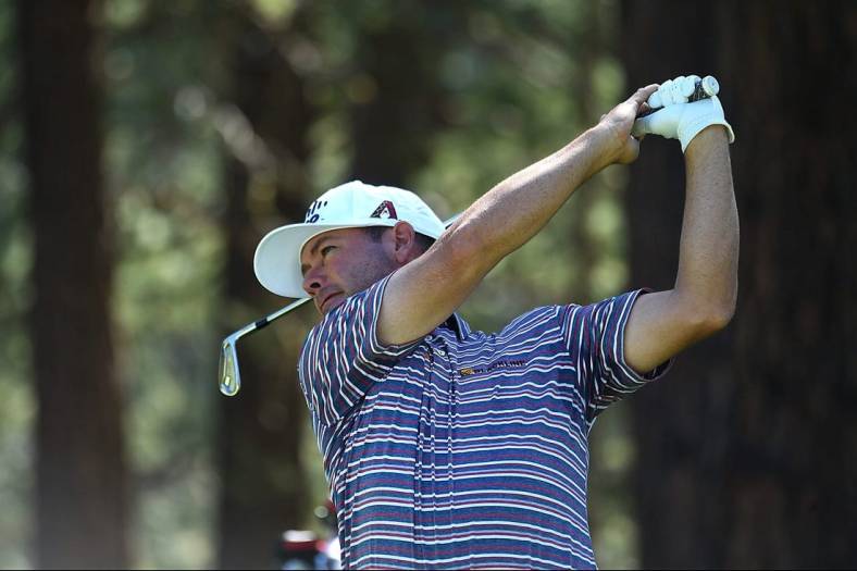 Chez Reavie tees off on the third hole during Friday's round of the Barracuda Championship golf tournament at Old Greenwood in Truckee on July 15, 2022.

Ren Barracuda Golf 2022 01