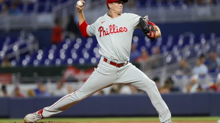 Jul 15, 2022; Miami, Florida, USA; Philadelphia Phillies starting pitcher Kyle Gibson (44) delivers a pitch during the first inning against the Miami Marlins at loanDepot Park. Mandatory Credit: Sam Navarro-USA TODAY Sports