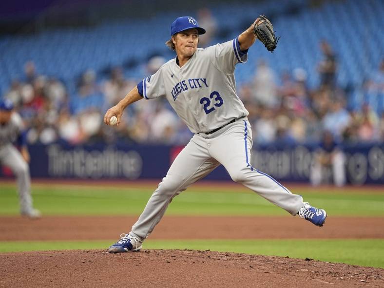 Jul 15, 2022; Toronto, Ontario, CAN; Kansas City Royals starting pitcher Zack Greinke (23) pitches to the Toronto Blue Jays during the first inning at Rogers Centre. Mandatory Credit: John E. Sokolowski-USA TODAY Sports