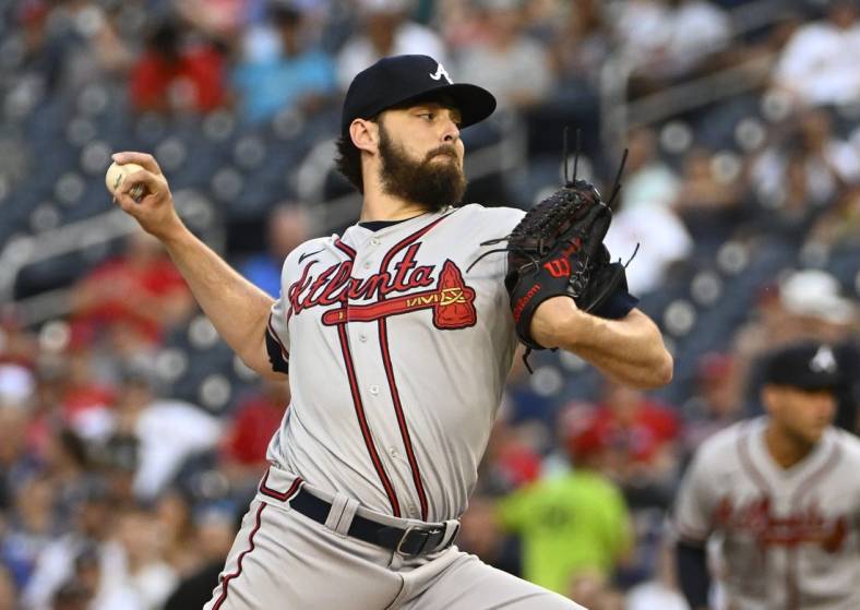 Jul 15, 2022; Washington, District of Columbia, USA; Atlanta Braves starting pitcher Ian Anderson (36) throws to the Washington Nationals during the second inning at Nationals Park. Mandatory Credit: Brad Mills-USA TODAY Sports