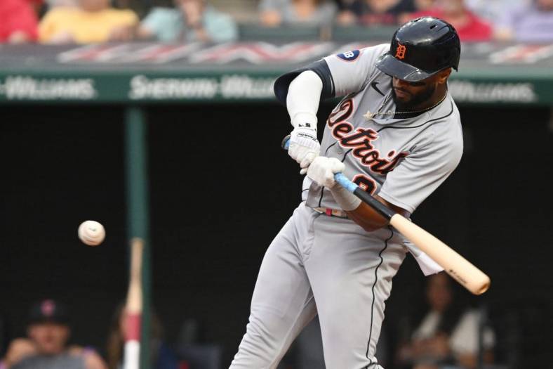 Jul 15, 2022; Cleveland, Ohio, USA; Detroit Tigers third baseman Willi Castro (9) hits an RBI single during the fourth inning against the Cleveland Guardians at Progressive Field. Mandatory Credit: Ken Blaze-USA TODAY Sports