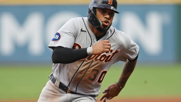 Jul 15, 2022; Cleveland, Ohio, USA; Detroit Tigers first baseman Harold Castro (30) rounds third base en route to scoring during the fourth inning against the Cleveland Guardians at Progressive Field. Mandatory Credit: Ken Blaze-USA TODAY Sports