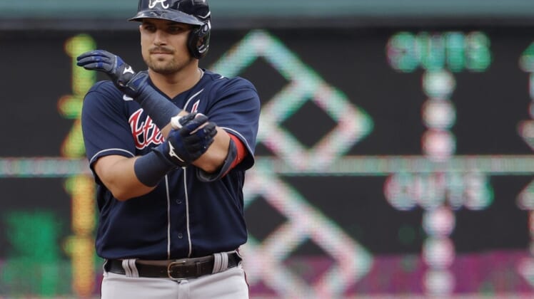 Jul 16, 2022; Washington, District of Columbia, USA; Atlanta Braves third baseman Austin Riley (27) gestures towards his dugout after hitting a double against the Washington Nationals during the first inning at Nationals Park. Mandatory Credit: Geoff Burke-USA TODAY Sports