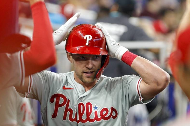 Jul 16, 2022; Miami, Florida, USA; Philadelphia Phillies first baseman Rhys Hoskins (17) celebrates after hitting a home run in the sixth inning against the Miami Marlins at loanDepot Park. Mandatory Credit: Sam Navarro-USA TODAY Sports