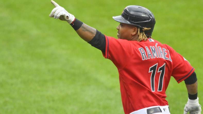 Jul 16, 2022; Cleveland, Ohio, USA; Cleveland Guardians third baseman Jose Ramirez (11) celebrates his three-run home run in the first inning against the Detroit Tigers at Progressive Field. Mandatory Credit: David Richard-USA TODAY Sports