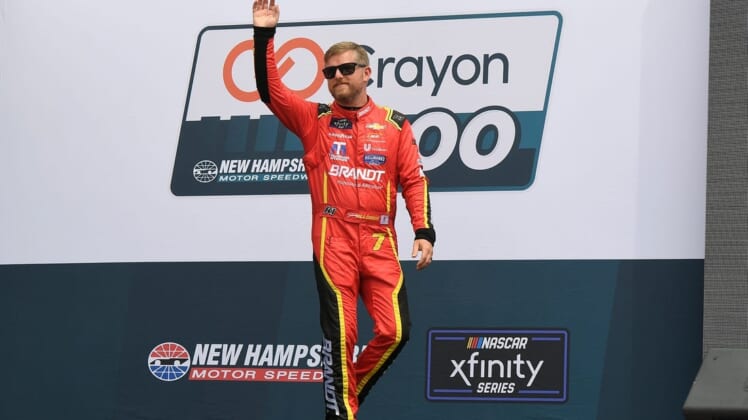 Jul 16, 2022; Loudon, New Hampshire, USA; NASCAR Xfinity Series driver Justin Allgaier (7) is introduced at the Crayon 200 at New Hampshire Motor Speedway. Mandatory Credit: Eric Canha-USA TODAY Sports