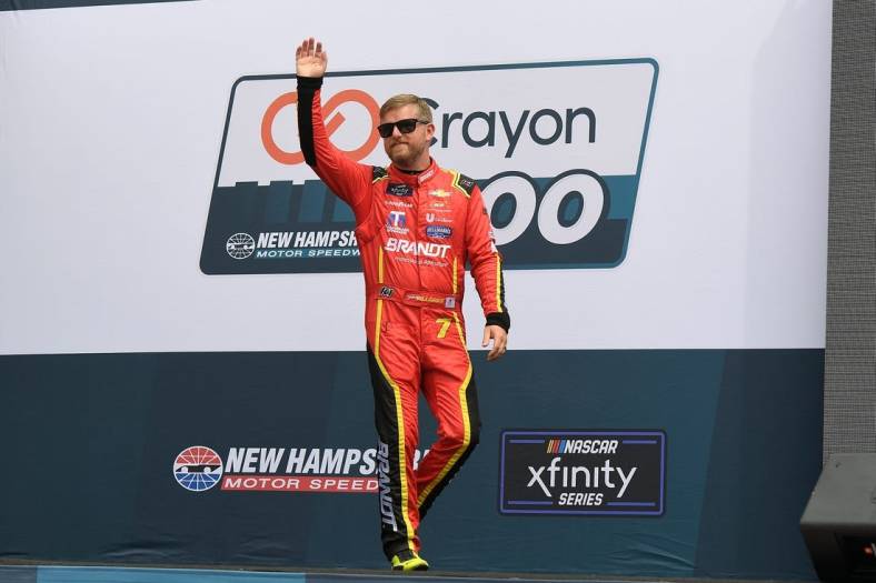 Jul 16, 2022; Loudon, New Hampshire, USA; NASCAR Xfinity Series driver Justin Allgaier (7) is introduced at the Crayon 200 at New Hampshire Motor Speedway. Mandatory Credit: Eric Canha-USA TODAY Sports