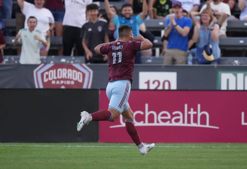 Jul 16, 2022; Commerce City, Colorado, USA;  Colorado Rapids forward Diego Rubio (11) celebrates after scoring a goal against the Los Angeles Galaxy in the first half at Dick's Sporting Goods Park. Mandatory Credit: Ron Chenoy-USA TODAY Sports