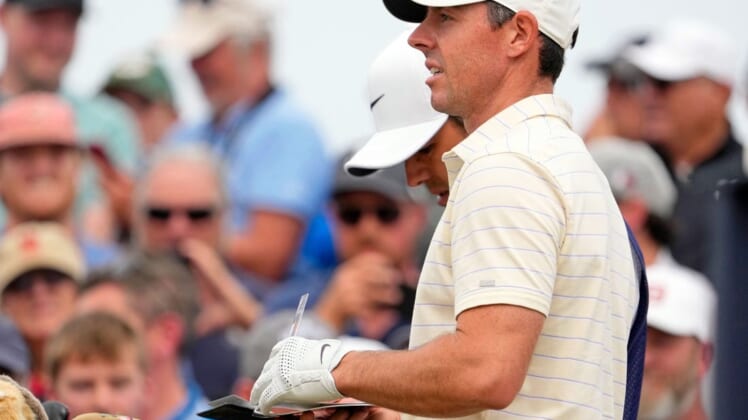 Jul 17, 2022; St. Andrews, SCT; Rory McIlroy looks on before teeing off on the sixth hole during the final round of the 150th Open Championship golf tournament at St. Andrews Old Course. Mandatory Credit: Michael Madrid-USA TODAY Sports