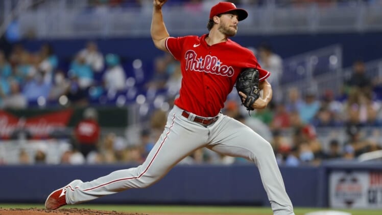Jul 17, 2022; Miami, Florida, USA; Philadelphia Phillies starting pitcher Aaron Nola (27) delivers a pitch during the first inning against the Miami Marlins at loanDepot Park. Mandatory Credit: Sam Navarro-USA TODAY Sports