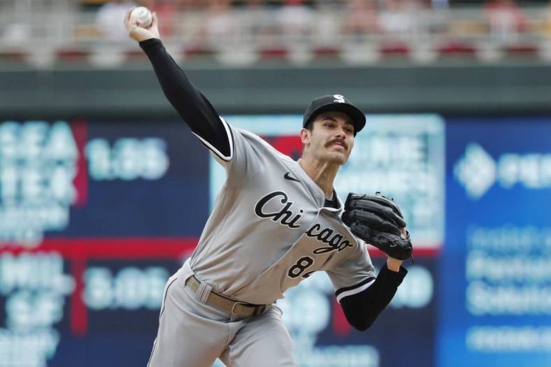 Jul 17, 2022; Minneapolis, Minnesota, USA; Chicago White Sox starting pitcher Dylan Cease (84) throws to the Minnesota Twins in the second inning at Target Field. Mandatory Credit: Bruce Kluckhohn-USA TODAY Sports