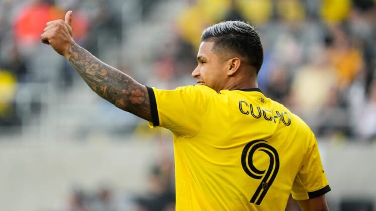 Jul 17, 2022; Columbus, Ohio, USA; Columbus Crew forward Cucho Hernandez (9) gives a thumbs up after a narrow miss on a shot during the first half of the MLS game against the FC Cincinnati at Lower.com Field in Columbus on July 17, 2022. Mandatory Credit: Adam Cairns-The Columbus DispatchMls Fc Cincinnati At Columbus Crew