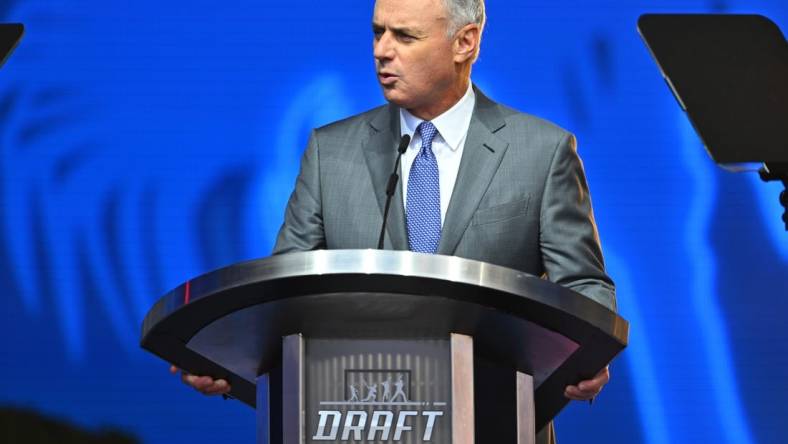 Jul 17, 2022; Los Angeles, CA, USA;  Rob Manfred, commissioner of Major League Baseball, speaks at the MLB draft at XBox Plaza at LA Live. Mandatory Credit: Jayne Kamin-Oncea-USA TODAY Sports