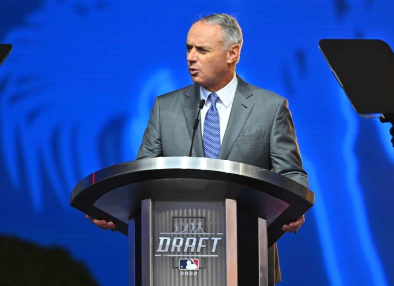 Jul 17, 2022; Los Angeles, CA, USA;  Rob Manfred, commissioner of Major League Baseball, speaks at the MLB draft at XBox Plaza at LA Live. Mandatory Credit: Jayne Kamin-Oncea-USA TODAY Sports