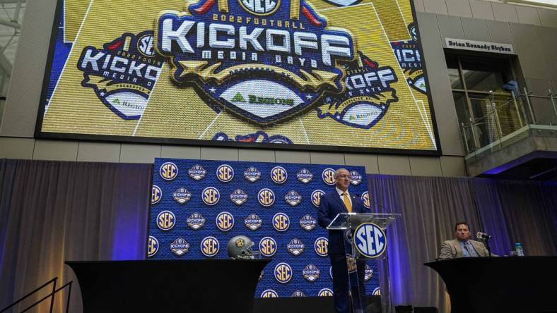 Jul 18, 2022; Atlanta, GA, USA; SEC commissioner Greg Sankey delivers comments to open SEC Media Days at the College Football Hall of Fame. Mandatory Credit: Dale Zanine-USA TODAY Sports