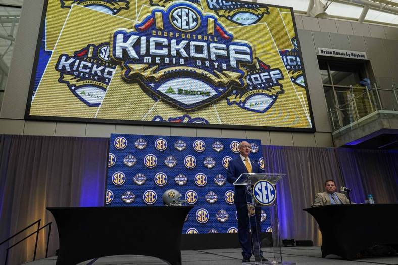 Jul 18, 2022; Atlanta, GA, USA; SEC commissioner Greg Sankey delivers comments to open SEC Media Days at the College Football Hall of Fame. Mandatory Credit: Dale Zanine-USA TODAY Sports