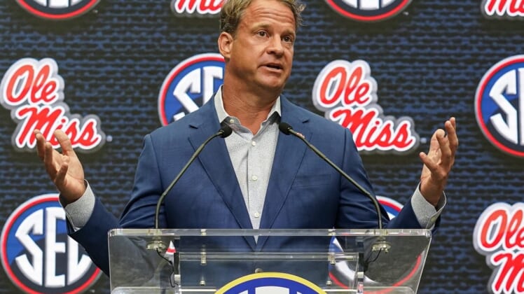 Jul 18, 2022; Atlanta, GA, USA; Mississippi head coach Lane Kiffin speaks to the media during SEC Media Days at the College Football Hall of Fame. Mandatory Credit: Dale Zanine-USA TODAY Sports