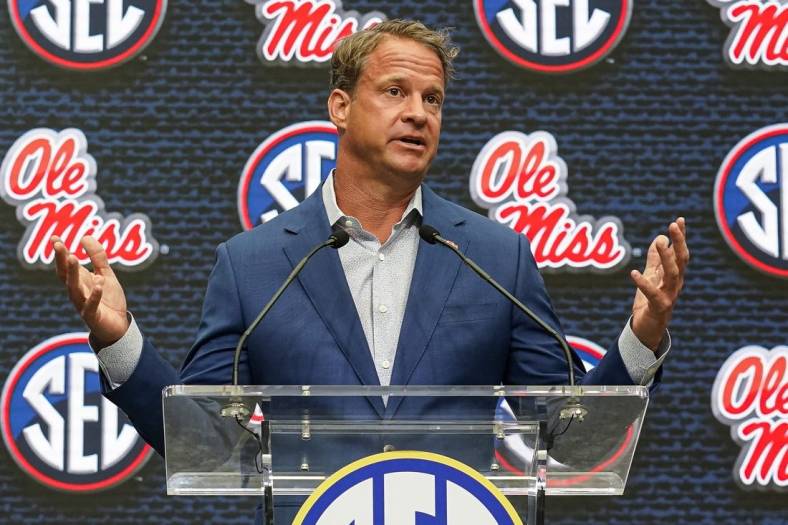 Jul 18, 2022; Atlanta, GA, USA; Mississippi head coach Lane Kiffin speaks to the media during SEC Media Days at the College Football Hall of Fame. Mandatory Credit: Dale Zanine-USA TODAY Sports