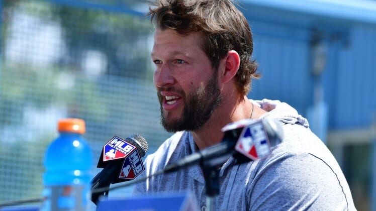 Jul 18, 2022; Los Angeles, CA, USA; Los Angeles Dodgers pitcher Clayton Kershaw speaks during media availabilities at Dodger Stadium. Mandatory Credit: Gary A. Vasquez-USA TODAY Sports