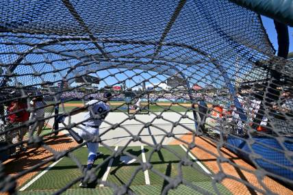 Jul 18, 2022; Los Angeles, CA, USA;  New York Yankees center fielder Aaron Judge (99) takes swings in the cage during All Star-Batting Practice at Dodger Stadium. Mandatory Credit: Jayne Kamin-Oncea-USA TODAY Sports