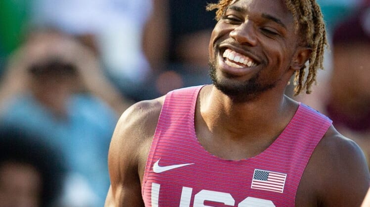 USA's Noah Lyles reacts as fans sing him happy birthday after his 200 meter heat during day four of the World Athletics Championships at Hayward Field Monday, July 18, 2022.Eug 071822 Worlds 04