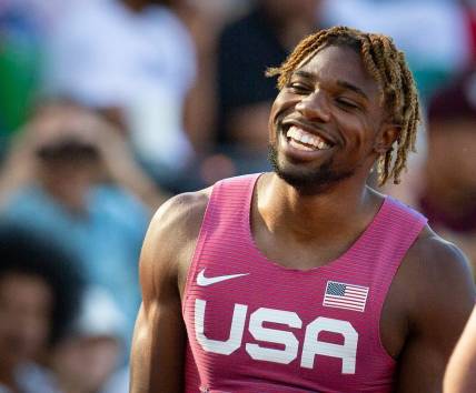 USA's Noah Lyles reacts as fans sing him happy birthday after his 200 meter heat during day four of the World Athletics Championships at Hayward Field Monday, July 18, 2022.

Eug 071822 Worlds 04