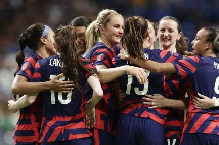 Jul 18, 2022; Monterrey, Nuevo Leon, MEX;  United States celebrates forward Alex Morgan (13) penalty kick against Canada during the second half of the final match of the 2022 Concacaf W Championship soccer competition at University Stadium. Mandatory Credit: Erich Schlegel-USA TODAY Sports