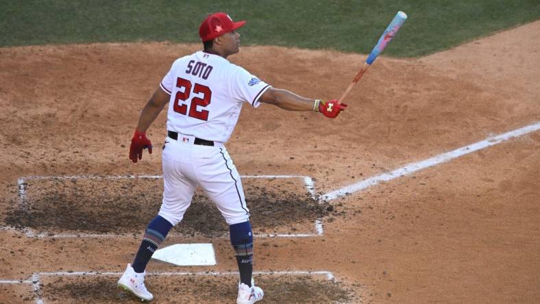 Jul 18, 2022; Los Angeles, CA, USA; Washington Nationals right fielder Juan Soto (22) bats during the second round of the 2022 Home Run Derby at Dodgers Stadium. Mandatory Credit: Orlando Ramirez-USA TODAY Sports