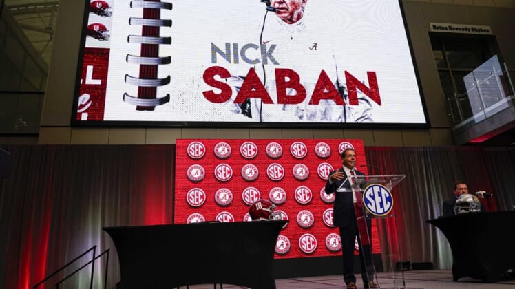 Jul 19, 2022; Atlanta, GA, USA; Alabama head coach Nick Saban talks to the media during SEC Media Days at the College Football Hall of Fame. Mandatory Credit: Dale Zanine-USA TODAY Sports
