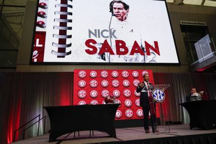 Jul 19, 2022; Atlanta, GA, USA; Alabama head coach Nick Saban talks to the media during SEC Media Days at the College Football Hall of Fame. Mandatory Credit: Dale Zanine-USA TODAY Sports