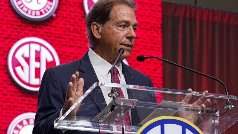 Jul 19, 2022; Atlanta, GA, USA; Alabama head coach Nick Saban talks to the media during SEC Media Days at the College Football Hall of Fame. Mandatory Credit: Dale Zanine-USA TODAY Sports