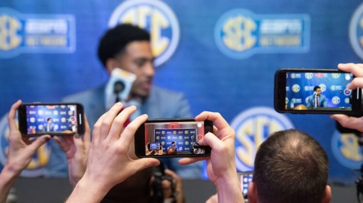 July 19, 2022; Atlanta,GA, USA; Alabama   s Heisman Trophy winning quarterback Bryce Young talks to the media during SEC Media Days at the College Football Hall of Fame in Atlanta Tuesday, July 19, 2022. Gary Cosby Jr.-The Tuscaloosa NewsAlabama At Sec Media Days