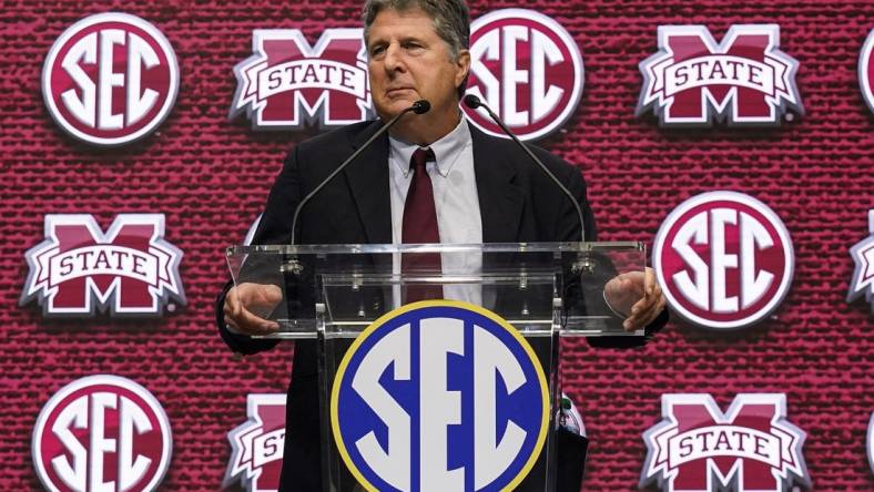 Jul 19, 2022; Atlanta, GA, USA; Mississippi State head coach Mike Leach shown on the stage during SEC Media Days at the College Football Hall of Fame. Mandatory Credit: Dale Zanine-USA TODAY Sports