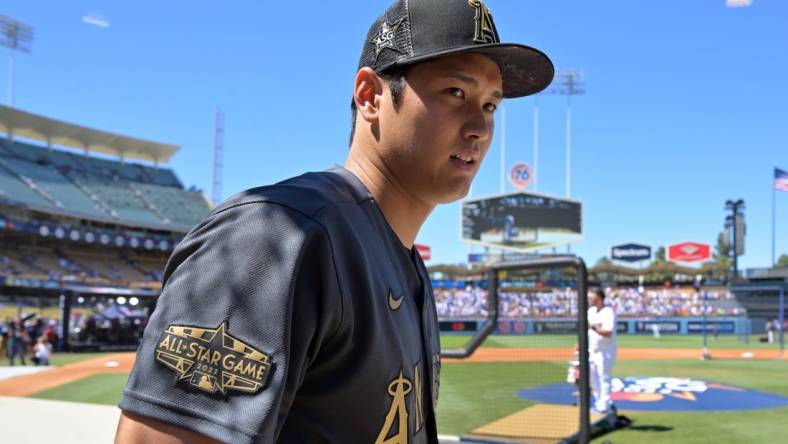 Jul 19, 2022; Los Angeles, California, USA;  American League pitcher/designated hitter Shohei Ohtani (17) of the Los Angeles Angels finishes batting practice before the 2022 All Star game at Dodger Stadium. Mandatory Credit: Jayne Kamin-Oncea-USA TODAY Sports