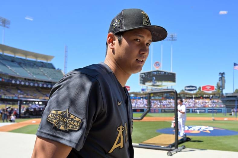 Jul 19, 2022; Los Angeles, California, USA;  American League pitcher/designated hitter Shohei Ohtani (17) of the Los Angeles Angels finishes batting practice before the 2022 All Star game at Dodger Stadium. Mandatory Credit: Jayne Kamin-Oncea-USA TODAY Sports