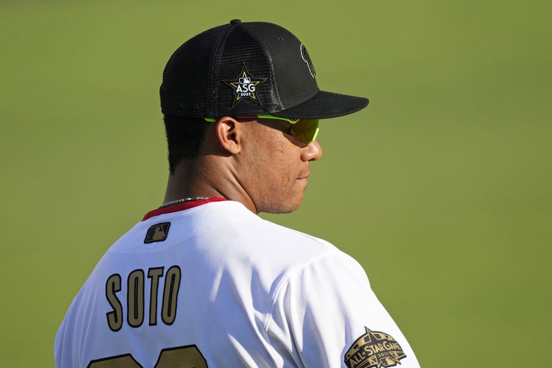 Jul 19, 2022; Los Angeles, California, USA; National League outfielder Juan Soto (22) of the Washington Nationals walks in the outfield during the fourth inning of the 2022 MLB All Star Game at Dodger Stadium. Mandatory Credit: Robert Hanashiro-USA TODAY Sports