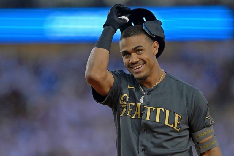 Jul 19, 2022; Los Angeles, California, USA; American League outfielder Julio Rodriguez (44) of the Seattle Mariners reacts after flying out against the National League during the eighth inning of the 2022 MLB All Star Game at Dodger Stadium. Mandatory Credit: Jayne Kamin-Oncea-USA TODAY Sports