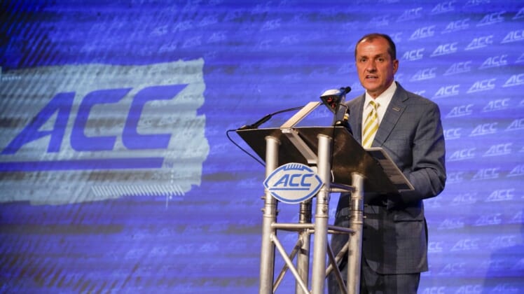 Jul 20, 2022; Charlotte, NC, USA; ACC commissioner Jim Phillips speaks to the media during ACC Media Days at the Westin Hotel in Charlotte.   Mandatory Credit: Jim Dedmon-USA TODAY Sports
