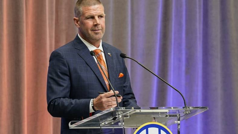 Jul 20, 2022; Atlanta, GA, USA; Florida Gators head coach Billy Napier talks from the stage during SEC Media Days at the College Football Hall of Fame. Mandatory Credit: Dale Zanine-USA TODAY Sports