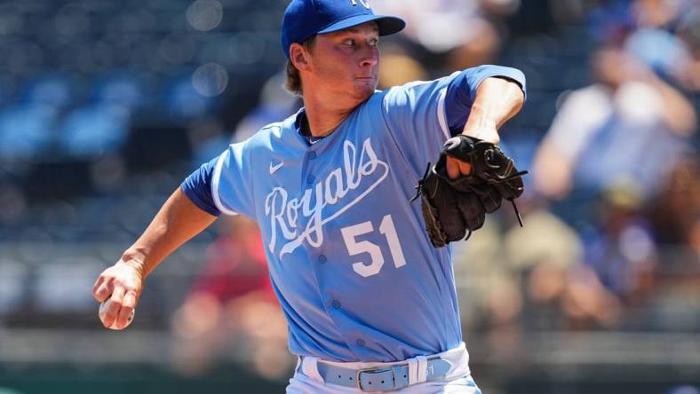 Jul 13, 2022; Kansas City, Missouri, USA; Kansas City Royals starting pitcher Brady Singer (51) pitches against the Detroit Tigers during the first inning at Kauffman Stadium. Mandatory Credit: Jay Biggerstaff-USA TODAY Sports