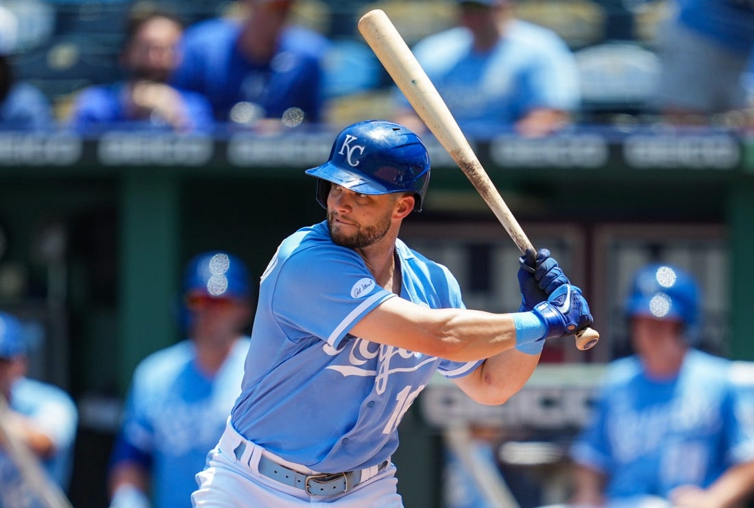 Jul 11, 2022; Kansas City, Missouri, USA; Kansas City Royals left fielder Andrew Benintendi (16) bats against the Detroit Tigers during the fourth inning at Kauffman Stadium. Mandatory Credit: Jay Biggerstaff-USA TODAY Sports