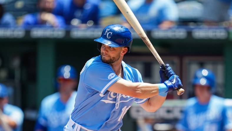 Jul 11, 2022; Kansas City, Missouri, USA; Kansas City Royals left fielder Andrew Benintendi (16) bats against the Detroit Tigers during the fourth inning at Kauffman Stadium. Mandatory Credit: Jay Biggerstaff-USA TODAY Sports