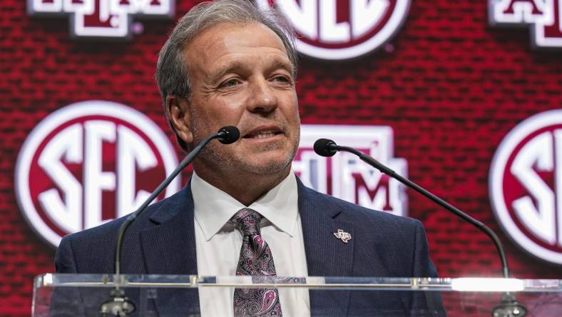 Jul 21, 2022; Atlanta, GA, USA; Texas A&M head coach Jimbo Fisher shown on the stage during SEC Media Days at the College Football Hall of Fame. Mandatory Credit: Dale Zanine-USA TODAY Sports