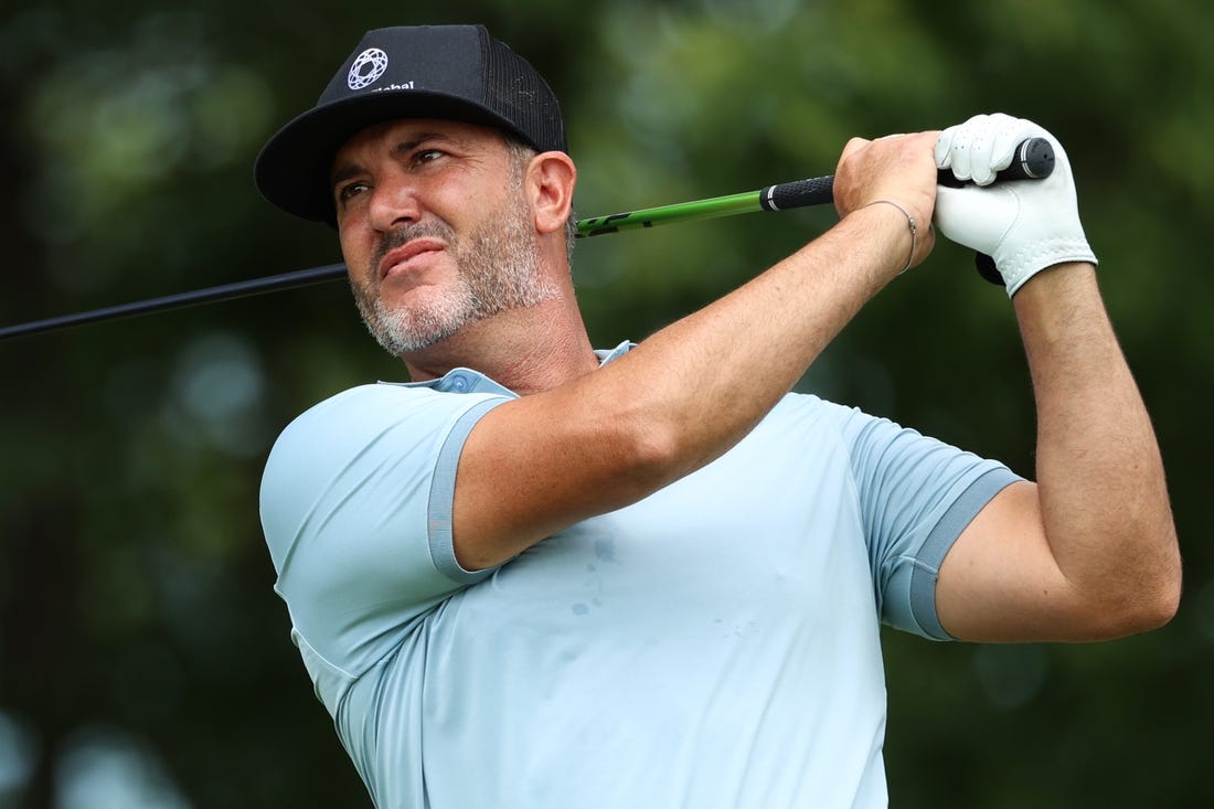 Jul 22, 2022; Blaine, Minnesota, USA; Scott Piercy drives on the 11th hole during the second round of the 3M Open golf tournament. Mandatory Credit: Matt Krohn-USA TODAY Sports