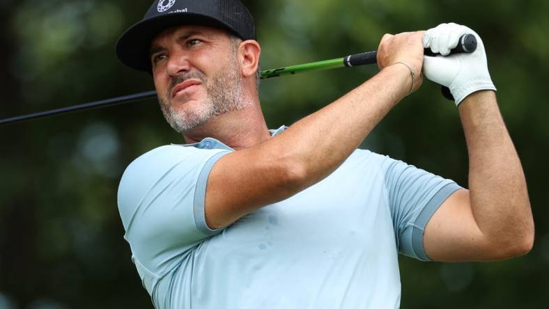 Jul 22, 2022; Blaine, Minnesota, USA; Scott Piercy drives on the 11th hole during the second round of the 3M Open golf tournament. Mandatory Credit: Matt Krohn-USA TODAY Sports