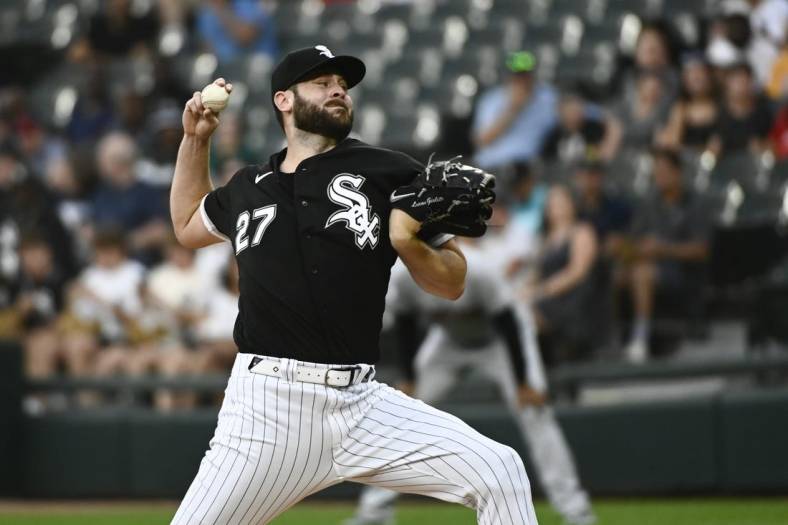 Jul 22, 2022; Chicago, Illinois, USA; Chicago White Sox starting pitcher Lucas Giolito (27) delivers during the first inning against the Cleveland Guardians at Guaranteed Rate Field. Mandatory Credit: Matt Marton-USA TODAY Sports