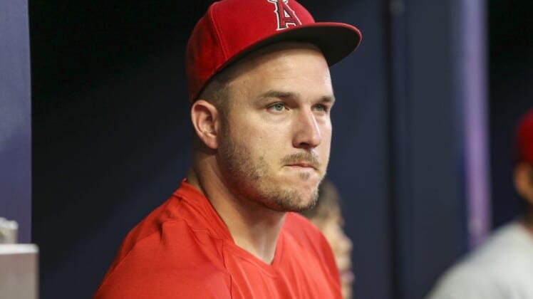 Jul 22, 2022; Atlanta, Georgia, USA; Los Angeles Angels center fielder Mike Trout (27) in the dugout against the Atlanta Braves in the second inning at Truist Park. Mandatory Credit: Brett Davis-USA TODAY Sports